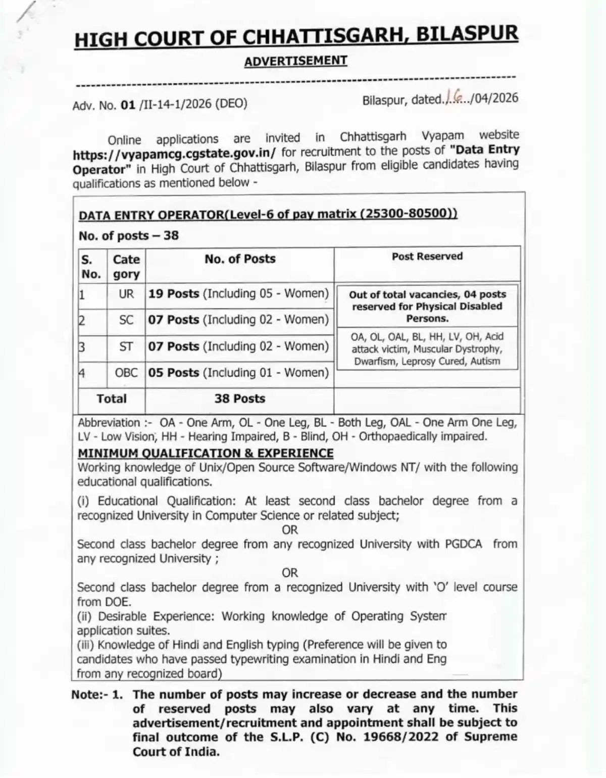 CG High Court Data Entry Operator (DEO) Recruitment 2026 Apply Online for 38 Posts